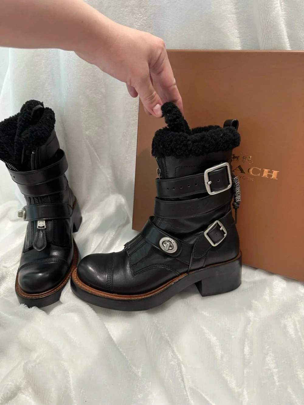 Coach Black Leather Shearling-Trim Buckle Moto Boot - Picture 1 of 6